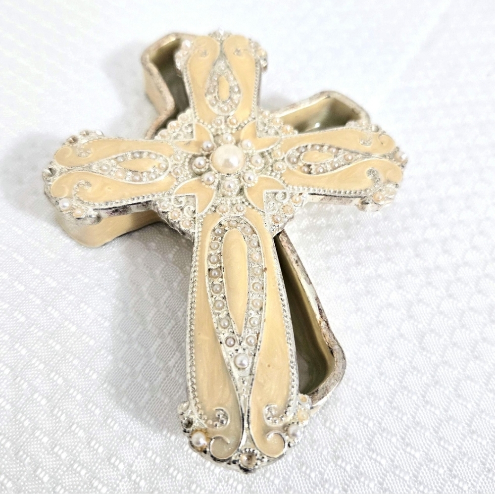 Cloisonne Enamel  Trinket Box Cross Faux Pearl Embellished Keepsake Rosary READ